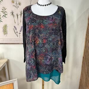 Poem by Citron Watercolor Knit Sleeves Back Asymmetric Tunic Top Artsy Boho XL